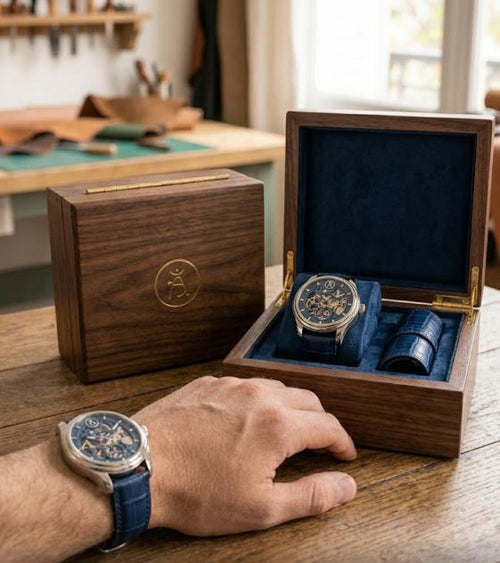 Artisan Skeleton Automatic Watch - Midnight Blue Alligator Edition with Walnut Display Box