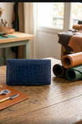 Handcrafted Alligator-Embossed Premium Leather Long Wallet - Midnight Blue"