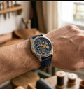 Artisan Skeleton Automatic Watch - Midnight Blue Alligator Edition with Walnut Display Box