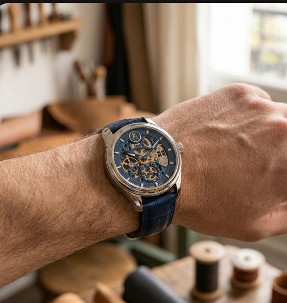 Artisan Skeleton Automatic Watch - Midnight Blue Alligator Edition with Walnut Display Box